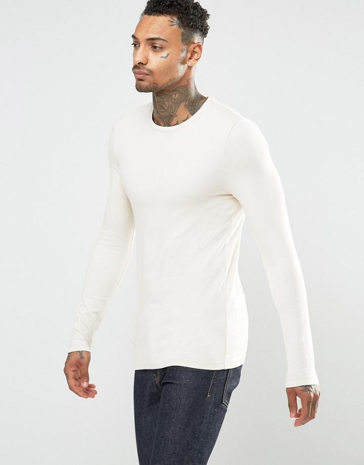 Asos Extreme Muscle Long Sleeve T-shirt With Crew Neck In Off White - Cream
