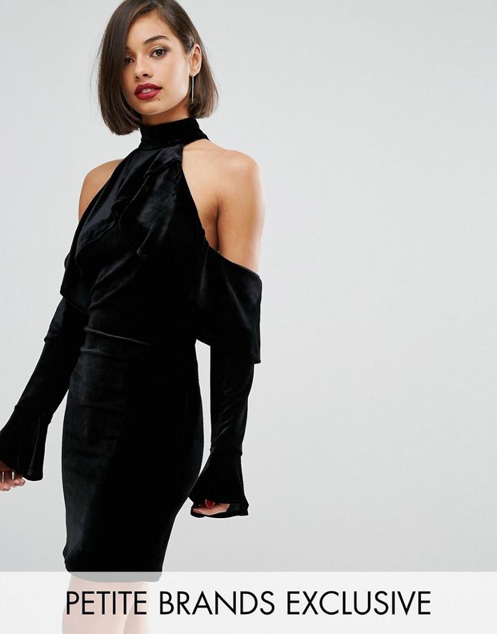 John Zack Petite Velvet Cold Shoulder Mini Dress With Fluted Sleeve -
