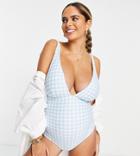 Fashion Union Maternity Plunge Front Swimsuit With Tie Detail In Sky Blue Gingham-multi