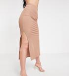 Flounce Tall Ribbed Midi Skirt With Side Slits In Taupe - Part Of A Set-neutral