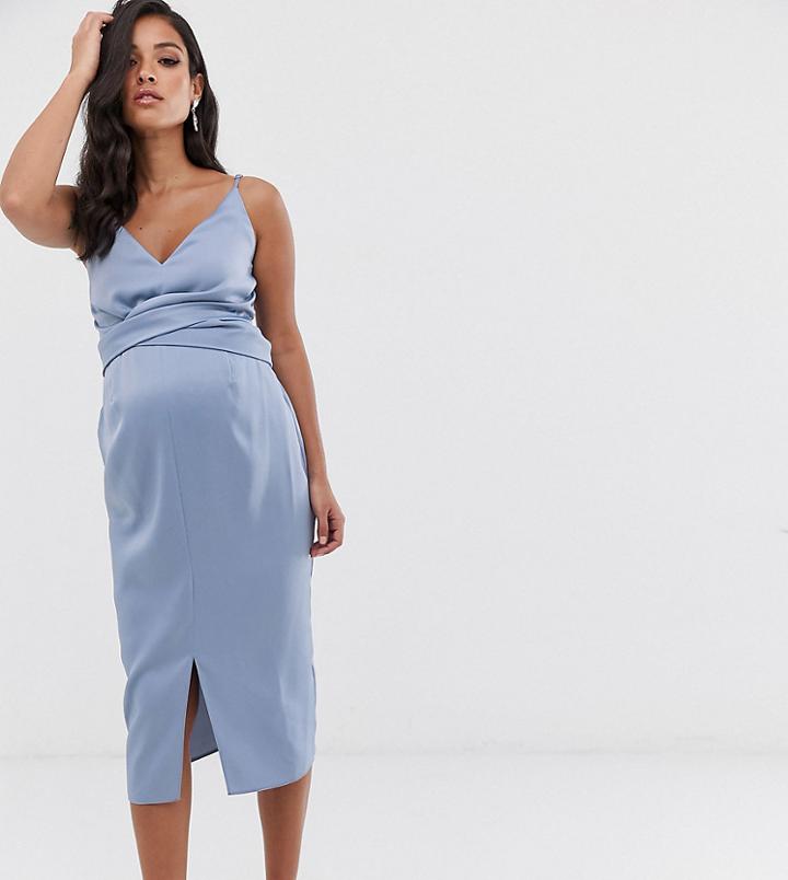 Asos Design Maternity Cami Midi Dress With Wrap Waist In Satin-blue
