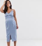 Asos Design Maternity Cami Midi Dress With Wrap Waist In Satin-blue