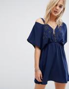 Chandelier Astro Bandit Kimono Sleeve Mini Dress With Beading - Navy