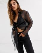 Asos Design Long Sleeve Plunge Shirt With Tie Front In Organza
