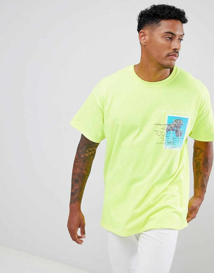 Boohooman Oversized T-shirt In Fluorescent Yellow Print - Yellow