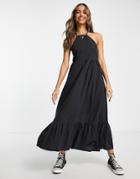 Asos Design Soft Denim Smock Midi Halter Dress In Washed Black