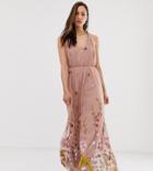 Asos Design Tall Tulle Maxi Dress With Delicate Floral Embroidery And Twist Straps - Blue