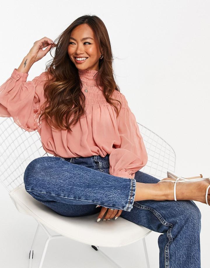 Asos Design High Neck Top With Shirred Neck In Rose-orange