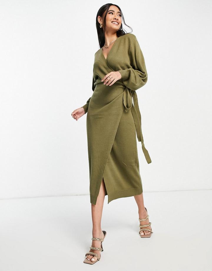Pretty Lavish Beau Wrap Knit Dress With Tie Waist In Olive Green