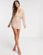 Asos Design Blouson Linear Embellished Mini Dress With Split Sleeve-grey