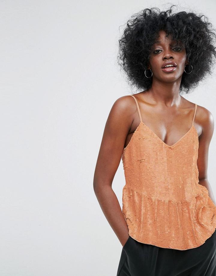 Asos Sequin Cami Top With Frill Hem - Pink