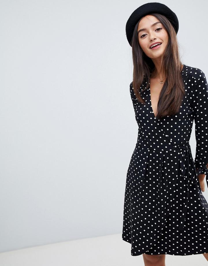 Qed London Polka Dot Wrap Dress With Tie Sleeve-black