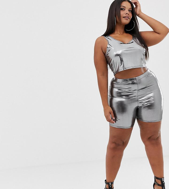 Fashionkilla Plus Bodycon Short Two-piece In Liquid Silver - Silver