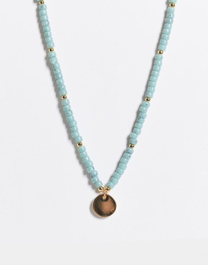 Asos Design Necklace With Faux Stone Beads And Disc Pendant In Gold Tone