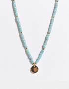 Asos Design Necklace With Faux Stone Beads And Disc Pendant In Gold Tone