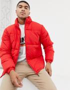 Bershka Puffer Jacket In Red With Funnel Neck - Red