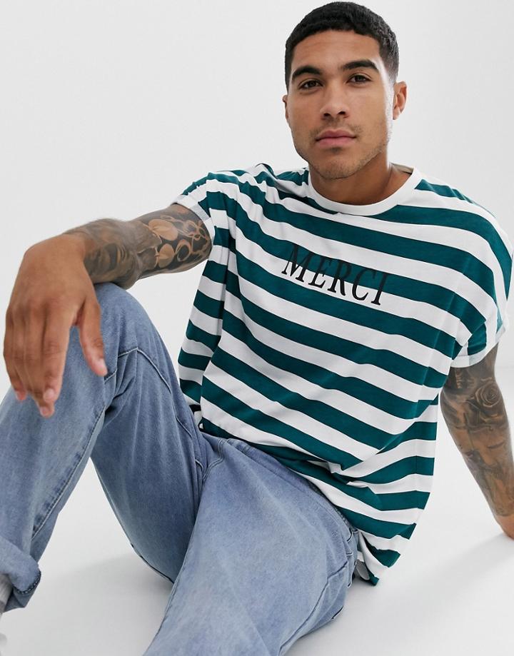 Asos Design Oversized Stripe T-shirt With Merci Print And Roll Sleeve - White
