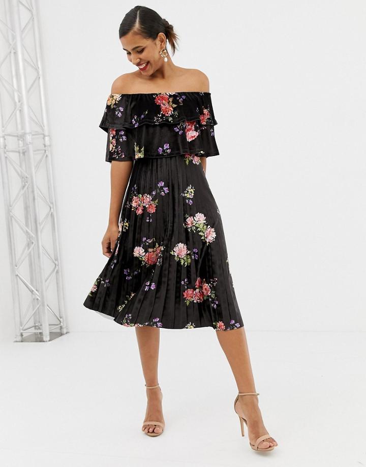 Asos Design Printed Velvet Double Ruffle Pleated Midi Dress - Multi