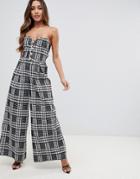 Asos Design Bandeau Jumpsuit With Wide Leg And Button Detail In Houndstooth - Multi