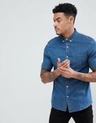 Asos Design Stretch Slim Denim Shirt In Mid Wash - Blue