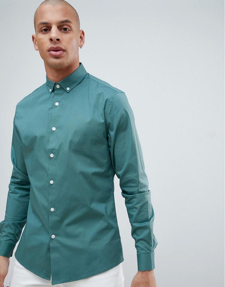 Asos Design Slim Shirt In Blue With Button Down Collar - Green