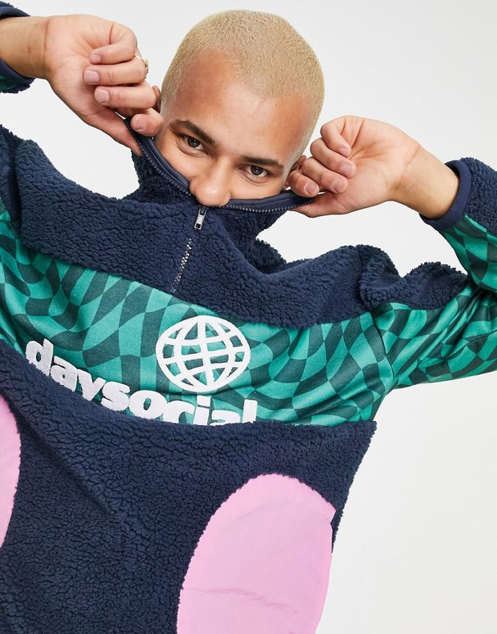 Asos Daysocial Oversized Quarter Zip Sweatshirt In Teddy Borg With Cut-and- Sew Printed Panel In Navy