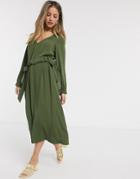 Asos Design V Neck Ruched Waist Chuck On Midi Dress With Long Sleeves In Khaki-green