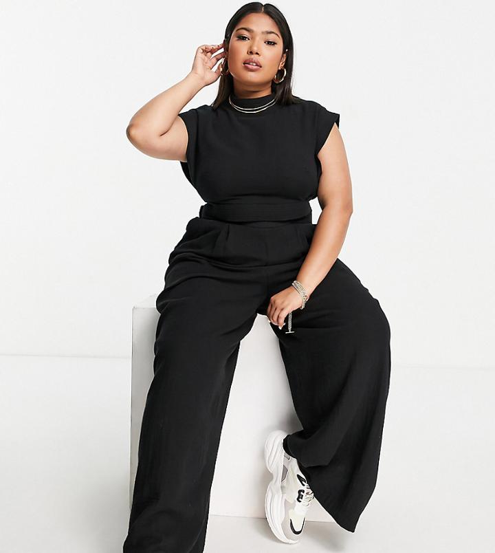 Asos Edition Curve Wide Leg Pants With Stitch Detail In Black