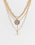 Asos Design Multirow Necklace In Mixed Hardware Chains With Large Worn Coin And Bar Pendants In Gold Tone - Gold