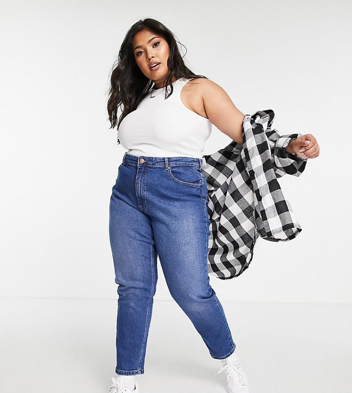 Only Curve Mom Jeans In Dark Blue-blues