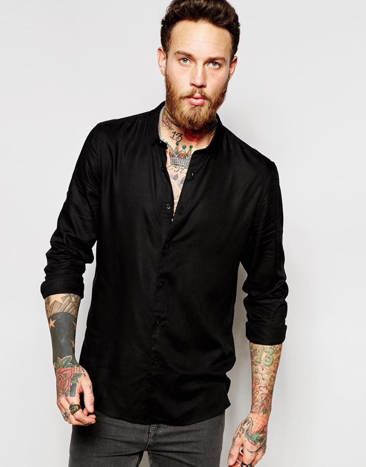Asos Viscose Shirt With Mini Collar In Black - Black