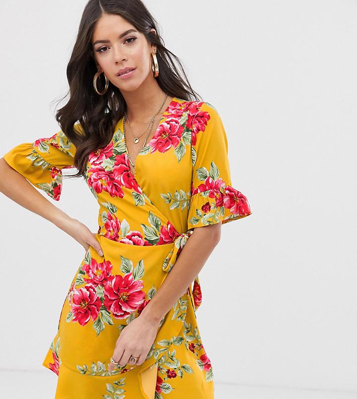 Influence Tall Wrap Dress With Frill Detail In Floral Print-yellow