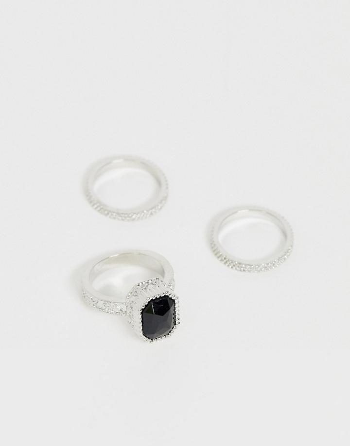 Asos Design Pack Of 3 Rings With Large Stone In Silver Tone