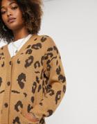 Liquorish Longline Cardigan In Classic Leopard Print-white