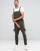 Asos Drop Crotch Overalls With Strapping In Dark Khaki - Green