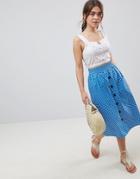 Asos Design Cotton Midi Skirt With Button Front In Spot - Blue