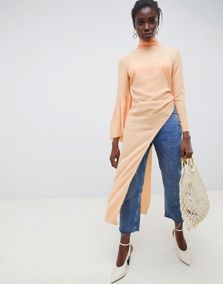 Asos White Frill Asymmetric Top With Flute Sleeves-pink