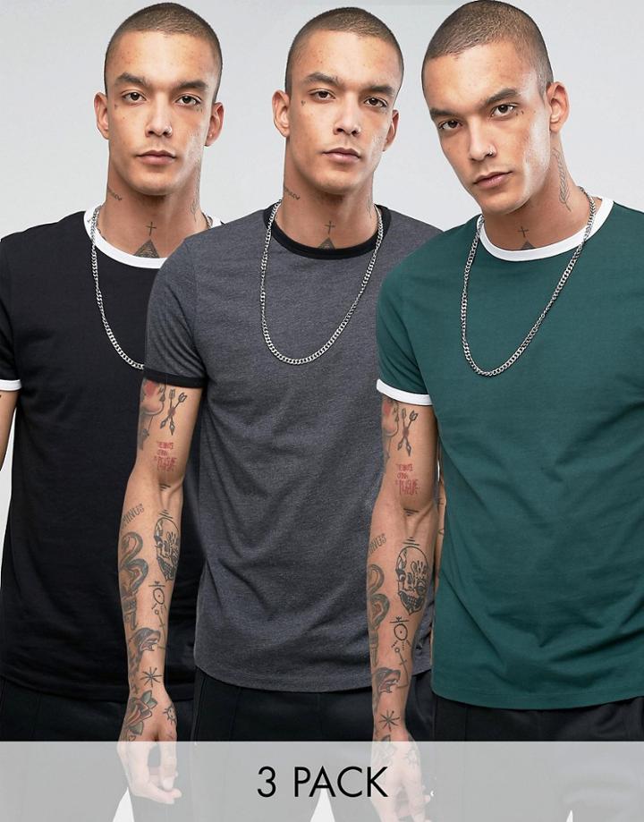Asos 3 Pack T-shirt With Contrast Neck Trim In Black/gray/green Save - Multi