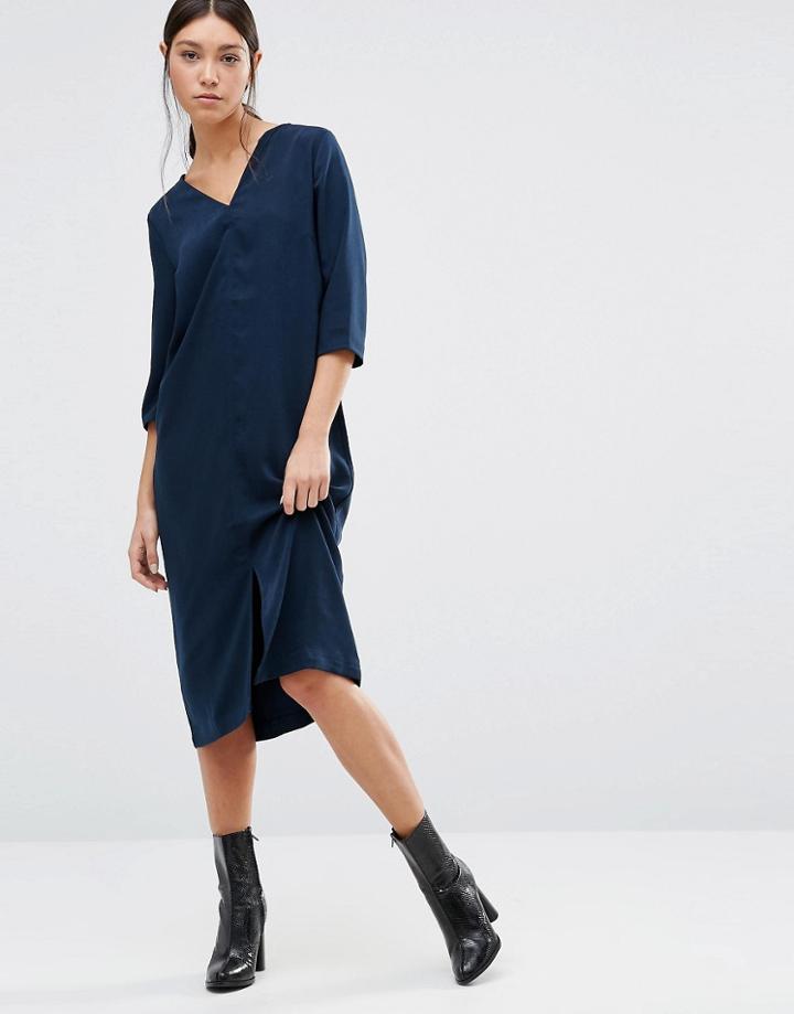 Vila 3/4 Sleeve Midi Dress With V Neck - Navy