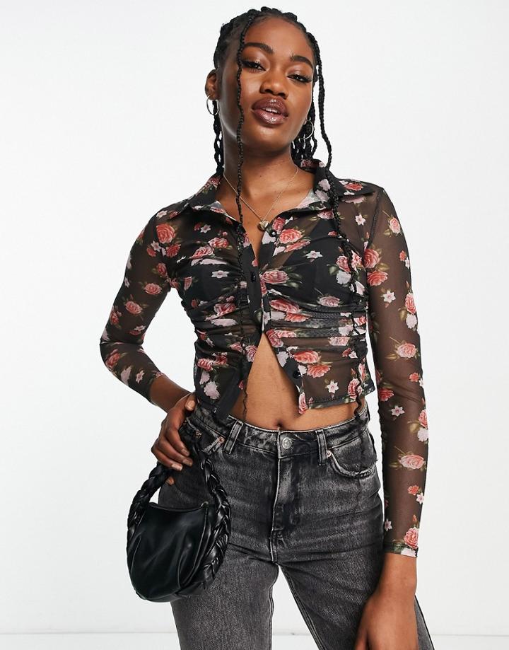 Miss Selfridge Mesh Long Sleeve Top In Floral Print-multi