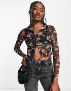 Miss Selfridge Mesh Long Sleeve Top In Floral Print-multi