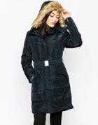 Ichi Belted Parka With Faux Fur Hood - Black
