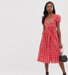 Influence Tall Check Tie Waist Midi Dress - Red