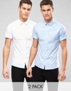 Asos Skinny Shirt In White And Blue 2 Pack Save 15%