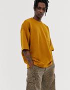 Asos Design Oversized T-shirt With Half Sleeve In Scuba Fabric In Tan - Brown
