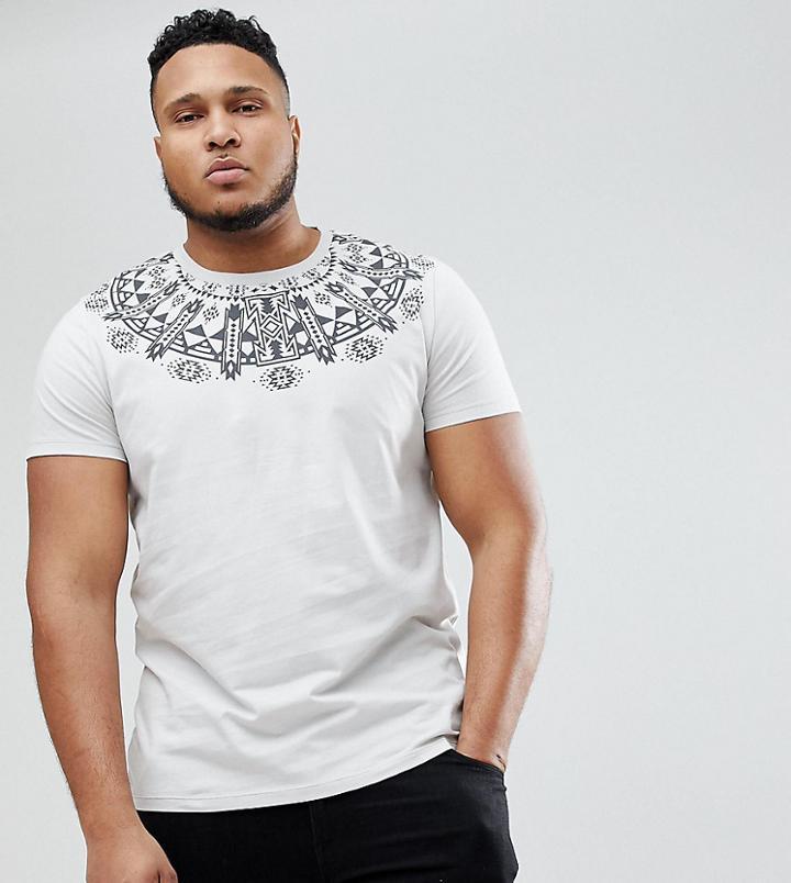 Asos Plus Longline T-shirt With Geo-tribal Yoke Print - Gray
