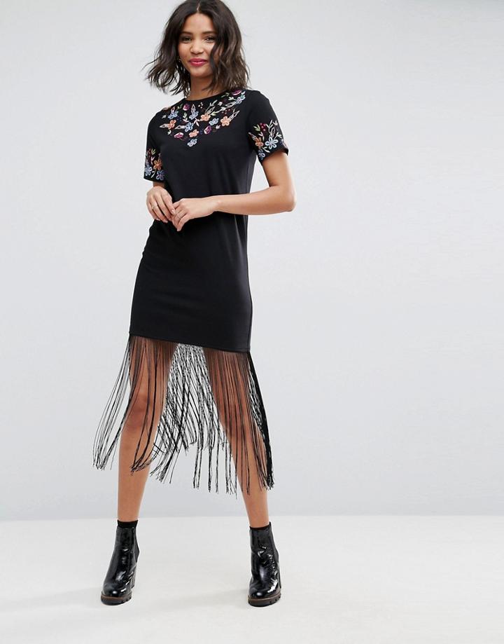 Asos Embroidered Midi T-shirt Dress With Fringe Hem - Black