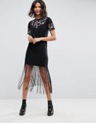 Asos Embroidered Midi T-shirt Dress With Fringe Hem - Black