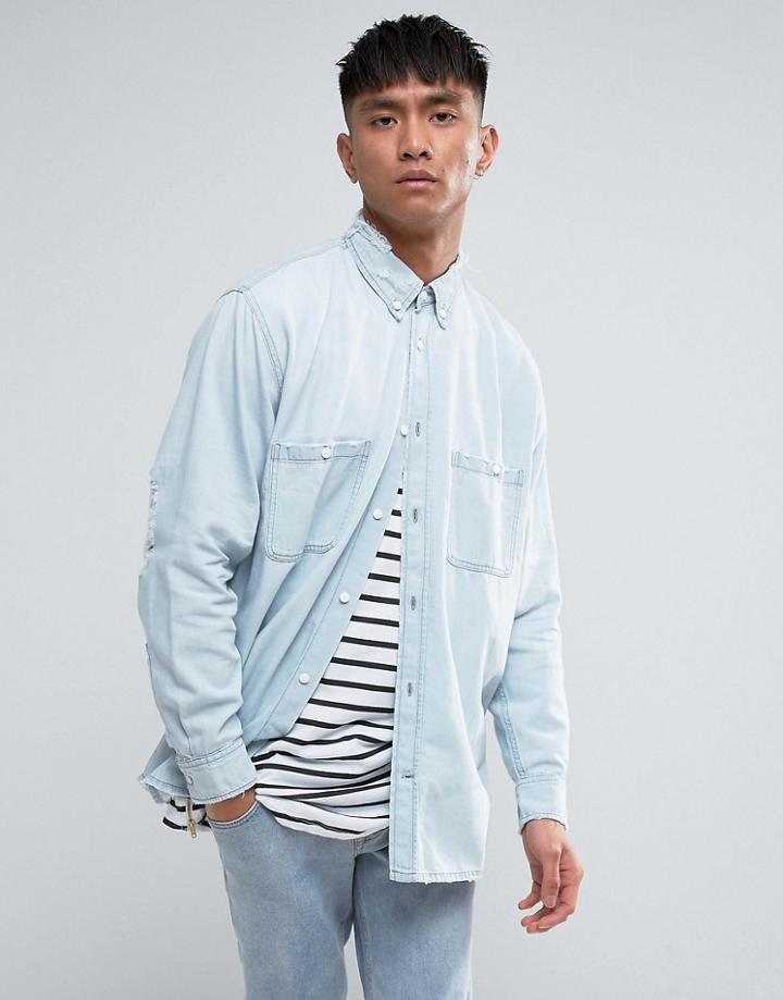 Cheap Monday Conduct Destroy Denim Shirt Pale Blue - Blue