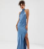 Asos Design Tall Choker Maxi Dress In High Shine Satin - Blue